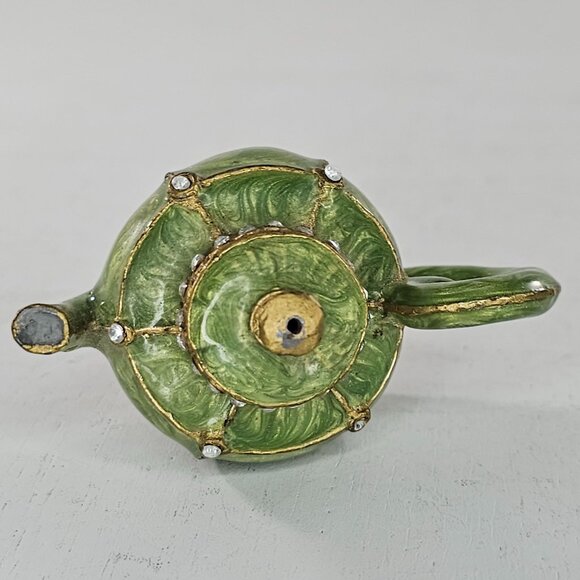 Miniature Green Teapot Candle Snuffer Rhinestone Accents Gold Trim Lead Enamel - Picture 8 of 9